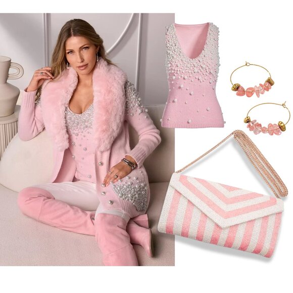 NEW Ivory & Pink Striped Crossbody Chain Clutch Handbag Bag - Picture 1 of 5